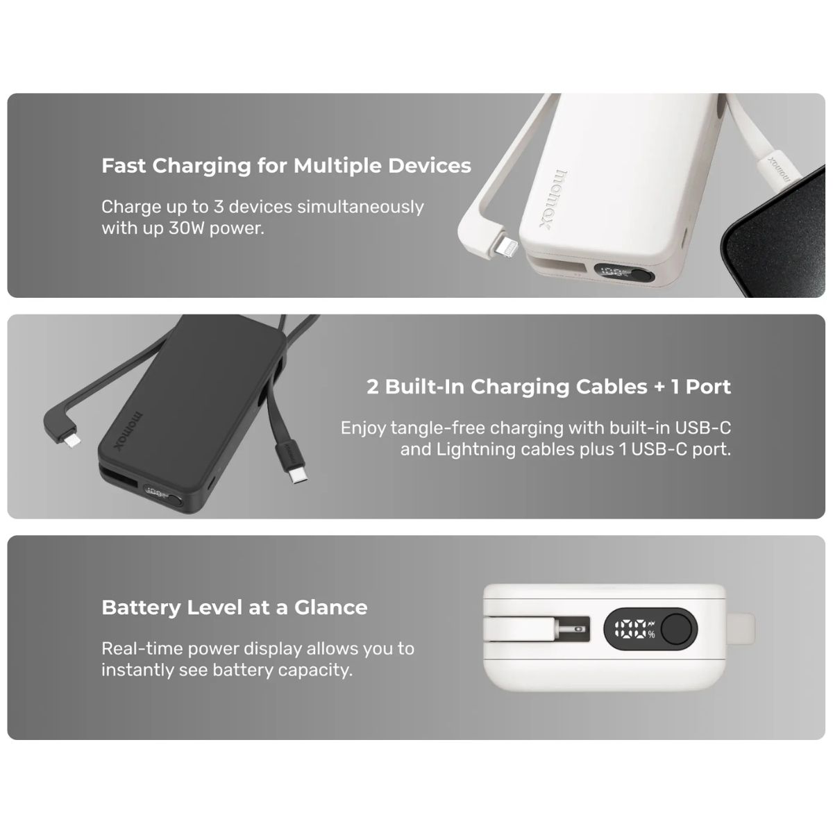 Momax 1-Power Vital+ (10K30W) Built-in Lightning and USB-C Cable